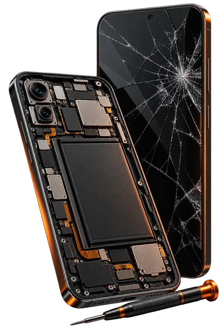 Celular com tela quebrada e aparelho aberto para manutenção